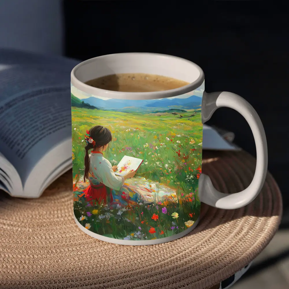 Girl Painting in Colorful Wildflower Meadow – Mugs