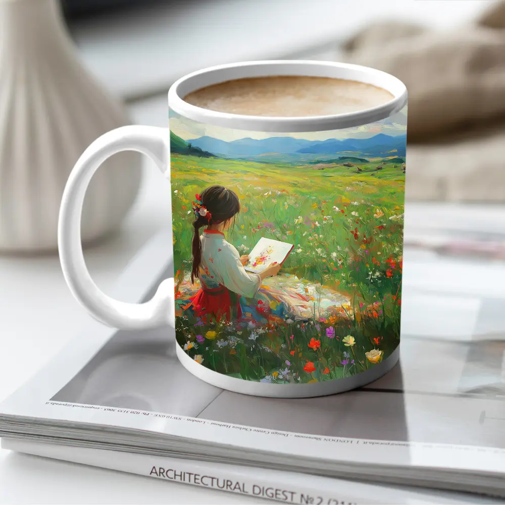 Girl Painting in Colorful Wildflower Meadow – Mugs