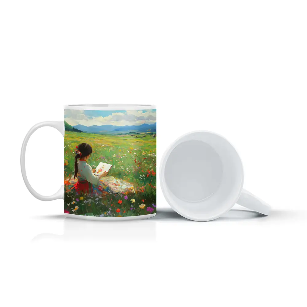 Girl Painting in Colorful Wildflower Meadow – Mugs