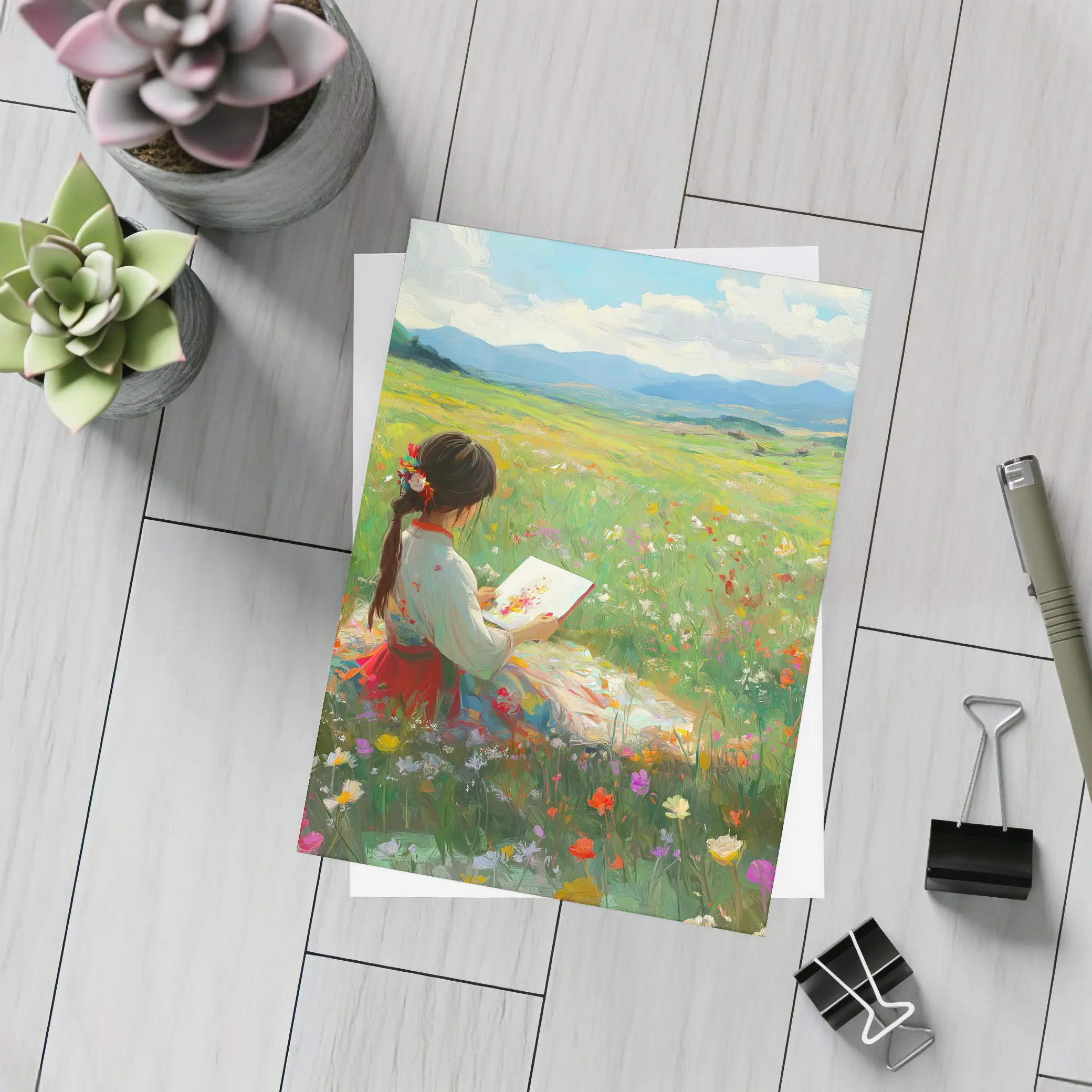 Girl Painting in Colorful Wildflower Meadow – Postcards