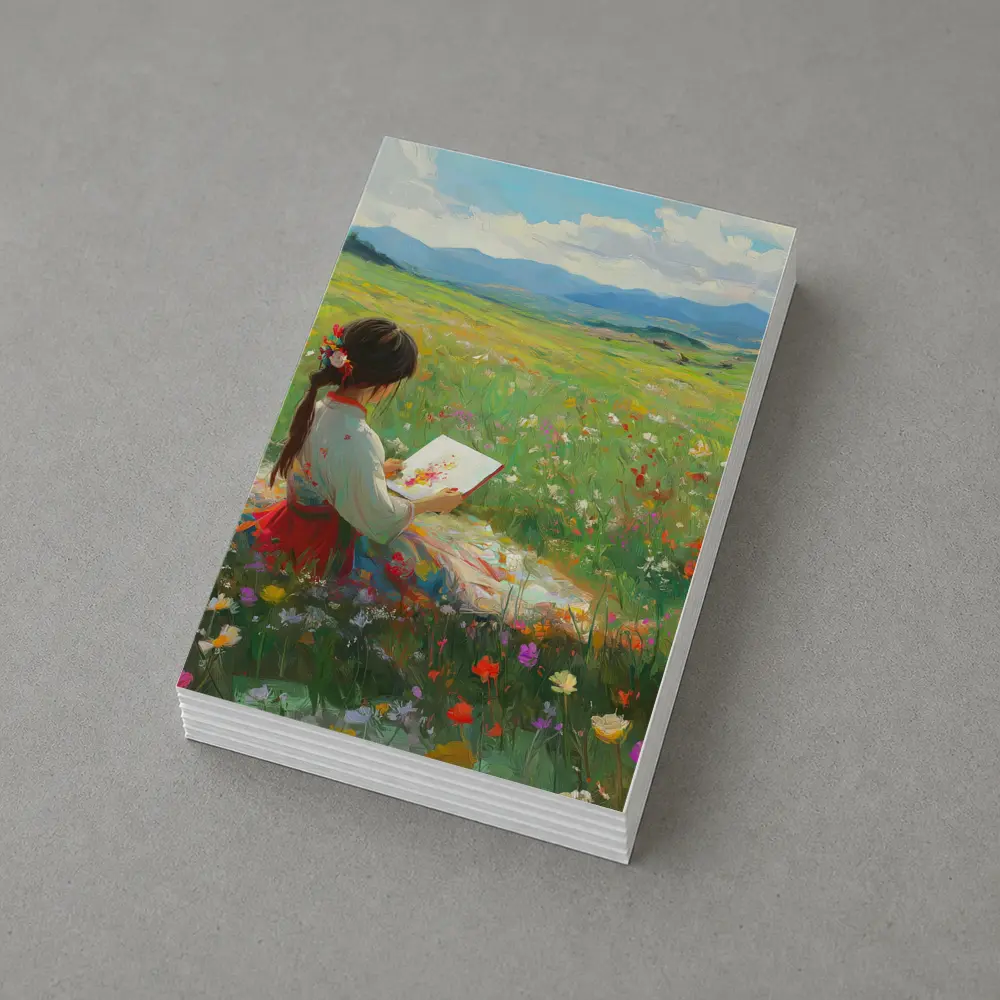 Girl Painting in Colorful Wildflower Meadow – Postcards