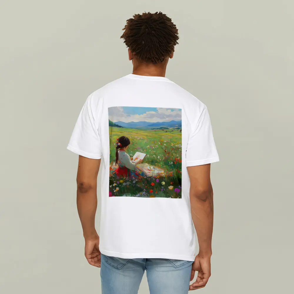 Girl Painting in Colorful Wildflower Meadow – T-Shirts