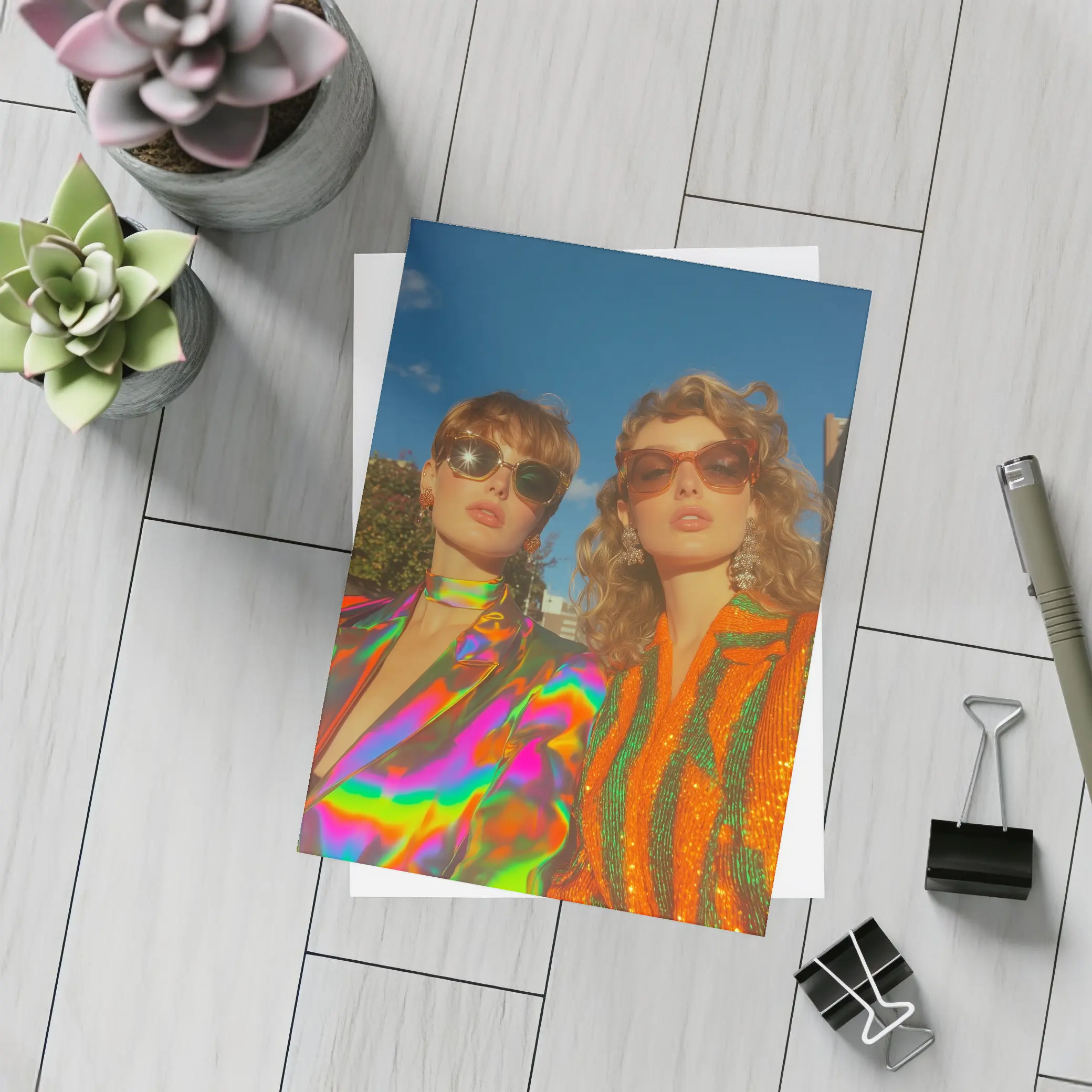Two Women Retro Fashion Bold Colorful Style – Postcards