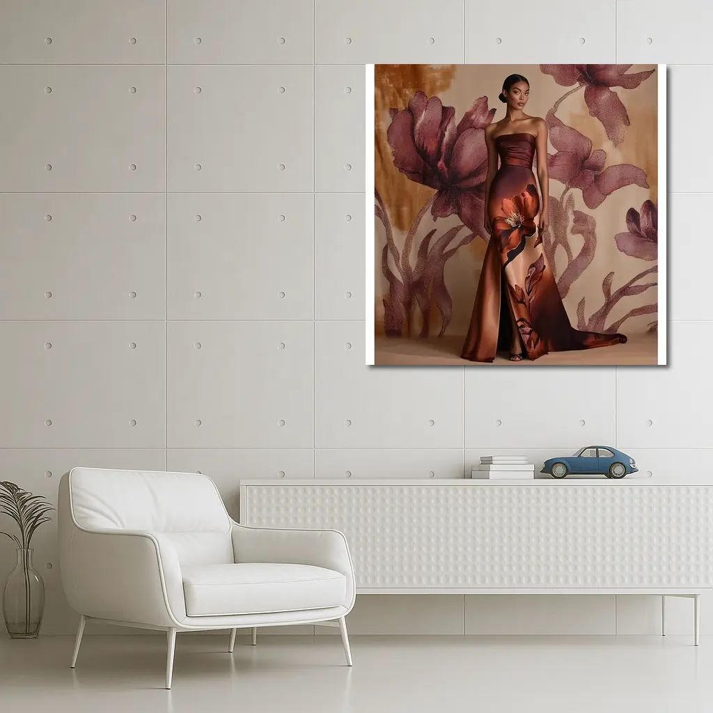 Floral Print Gown Brown Satin Evening Dress – Wall Art
