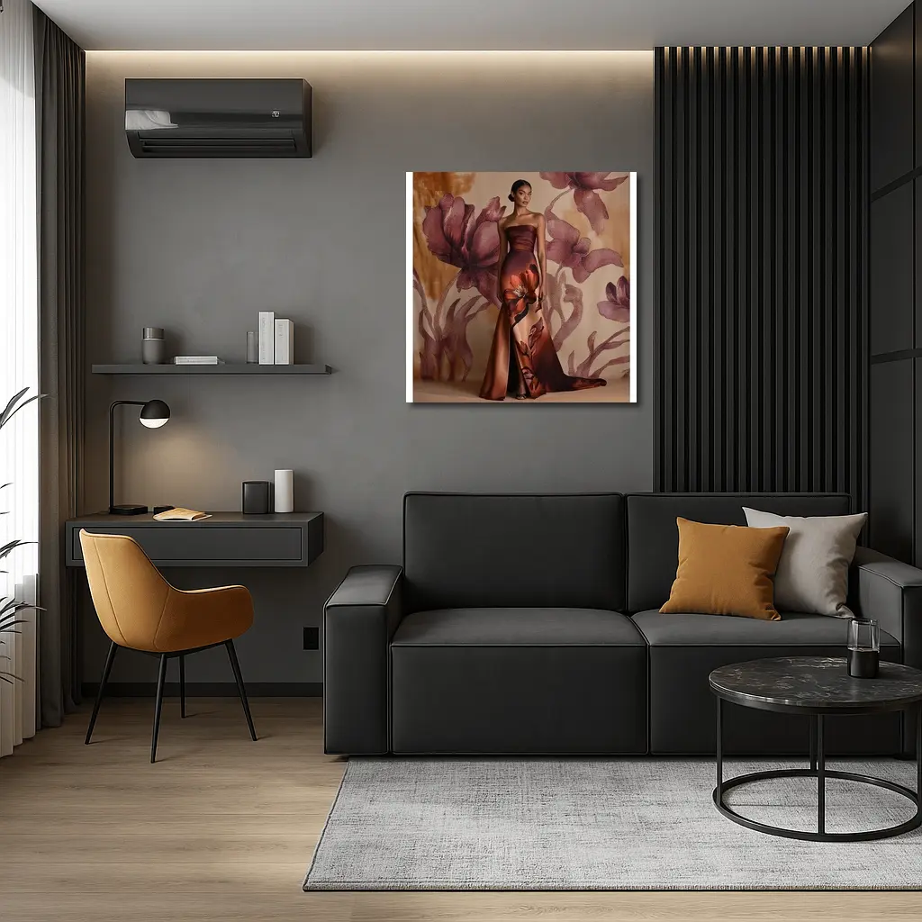 Floral Print Gown Brown Satin Evening Dress – Wall Art