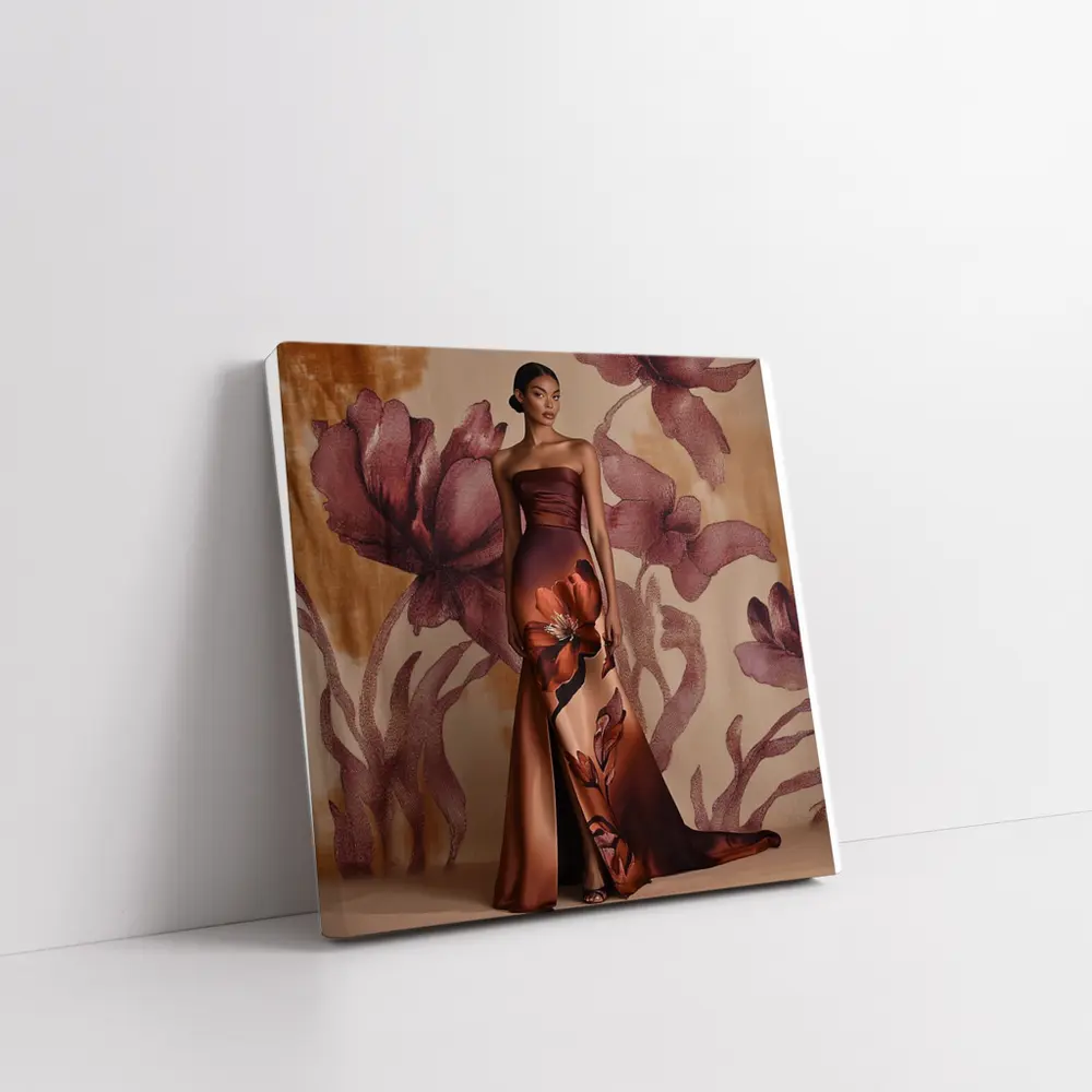 Floral Print Gown Brown Satin Evening Dress – Wall Art