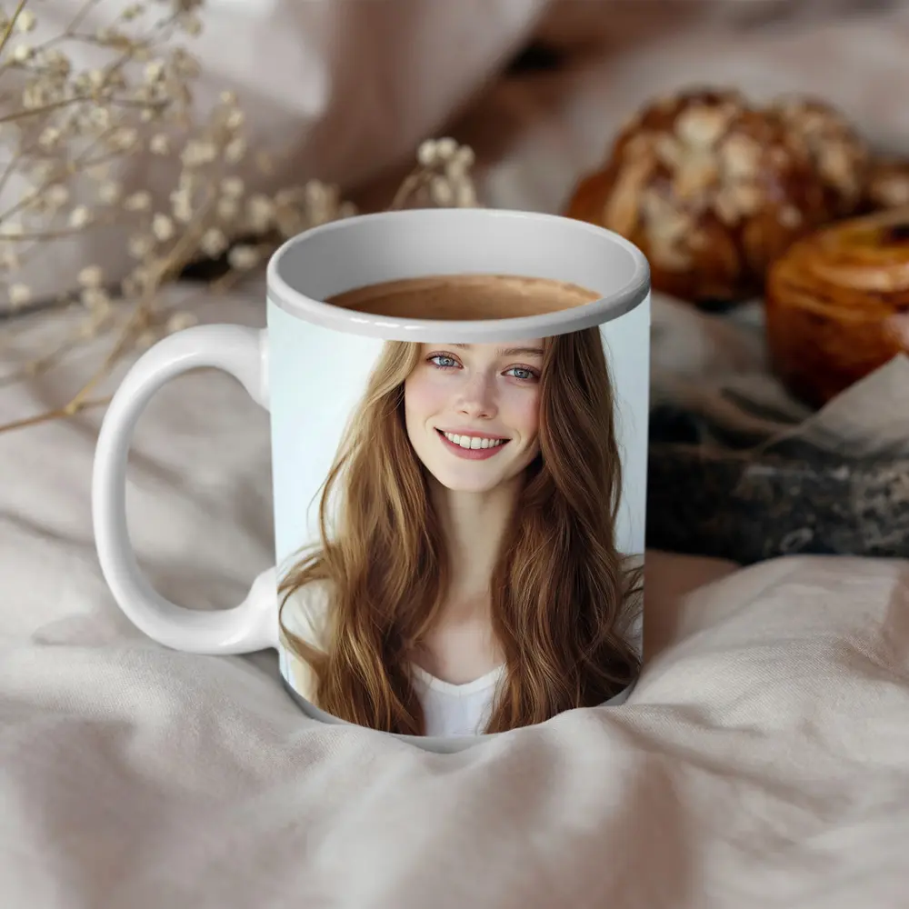 Young Woman Portrait White Background Smiling – Mugs