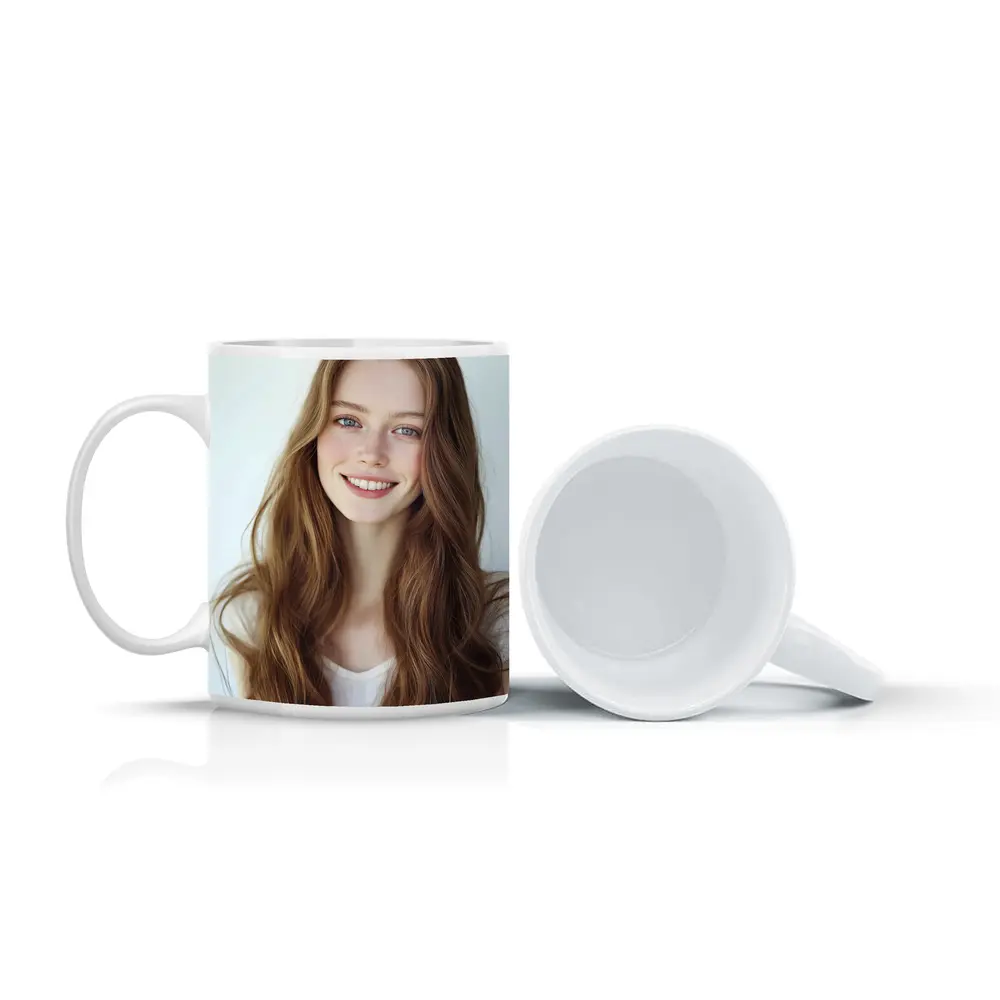 Young Woman Portrait White Background Smiling – Mugs