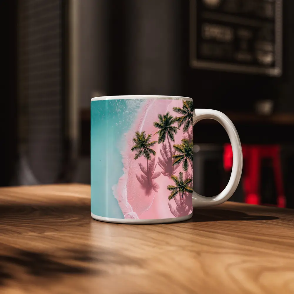 Aerial Pink Sand Beach Palm Trees – Mugs
