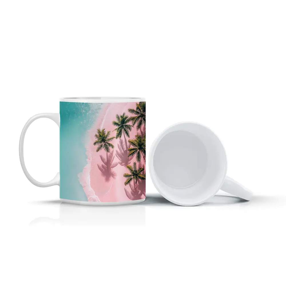 Aerial Pink Sand Beach Palm Trees – Mugs