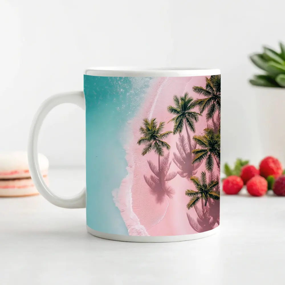 Aerial Pink Sand Beach Palm Trees – Mugs