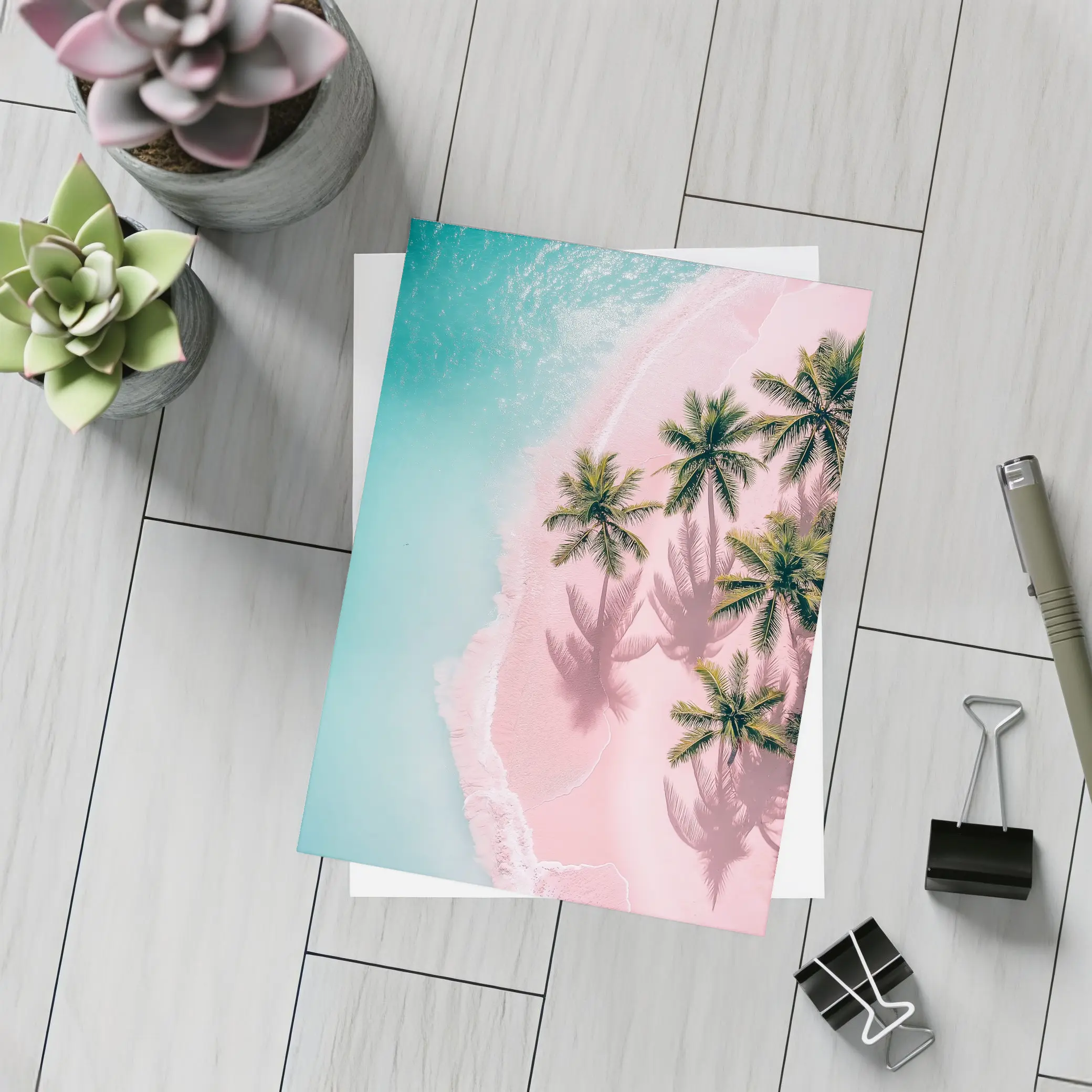 Aerial Pink Sand Beach Palm Trees – Postcards