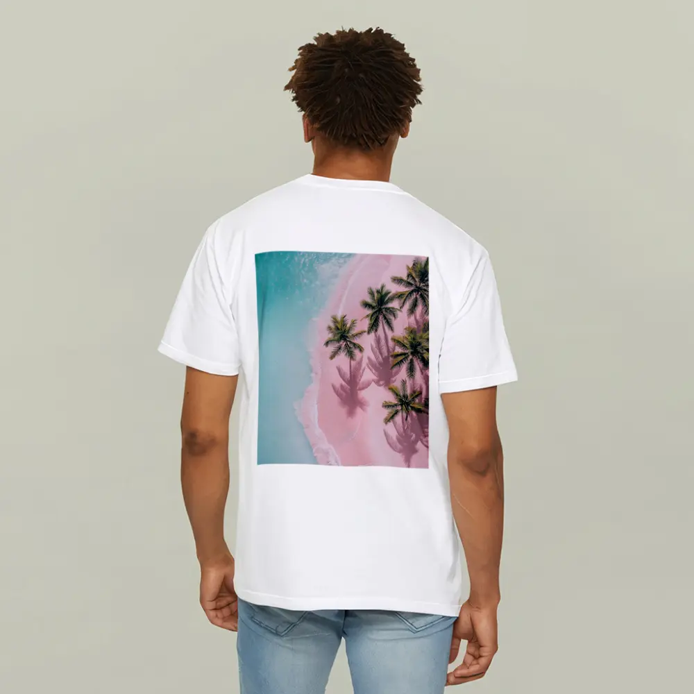 Aerial Pink Sand Beach Palm Trees – T-Shirts