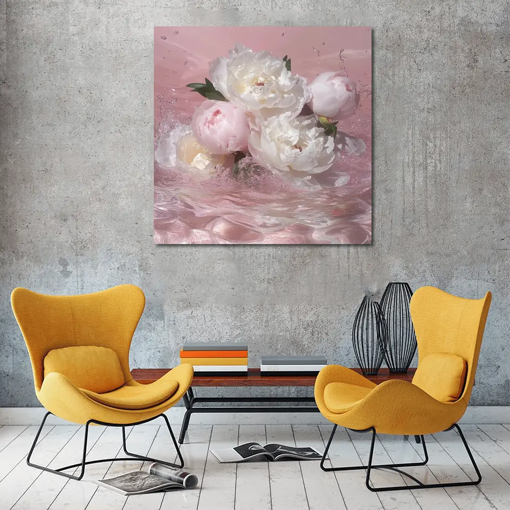 White Pink Peonies Splashing in Water – Wall Art