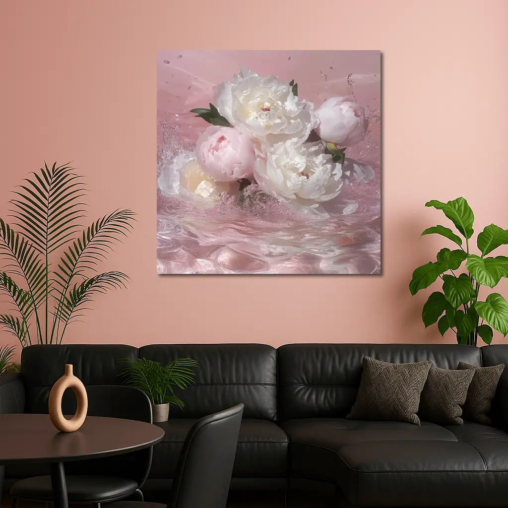 White Pink Peonies Splashing in Water – Wall Art