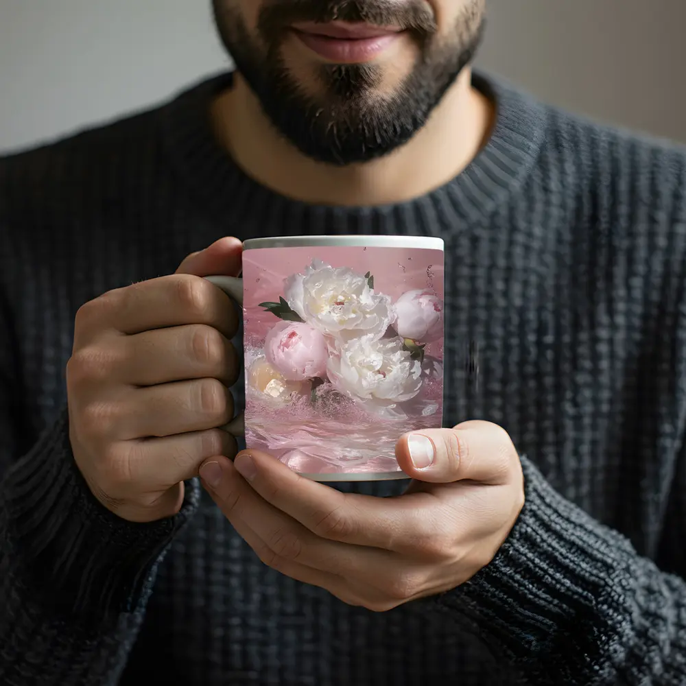 White Pink Peonies Splashing in Water – Mugs