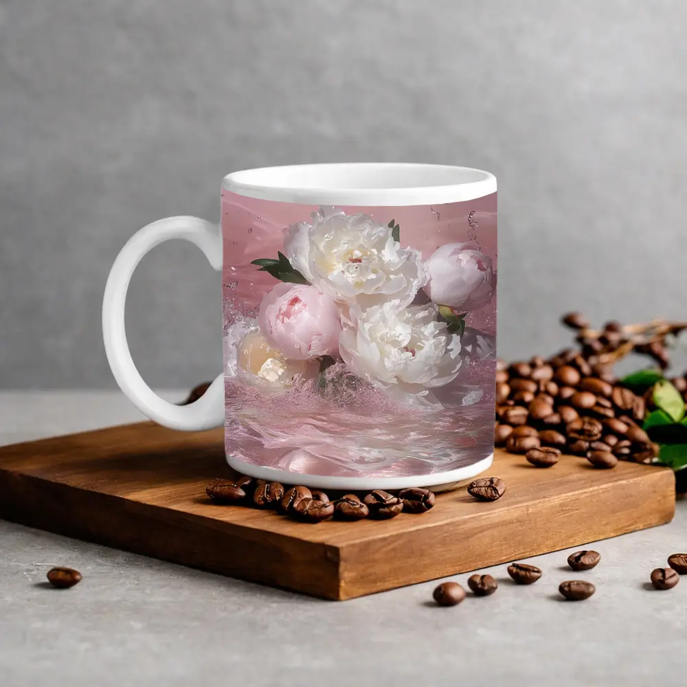 White Pink Peonies Splashing in Water – Mugs