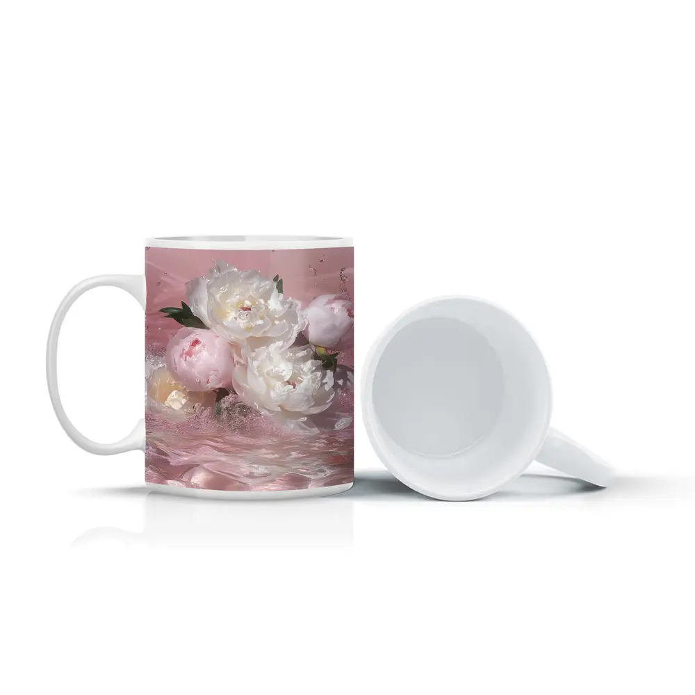 White Pink Peonies Splashing in Water – Mugs