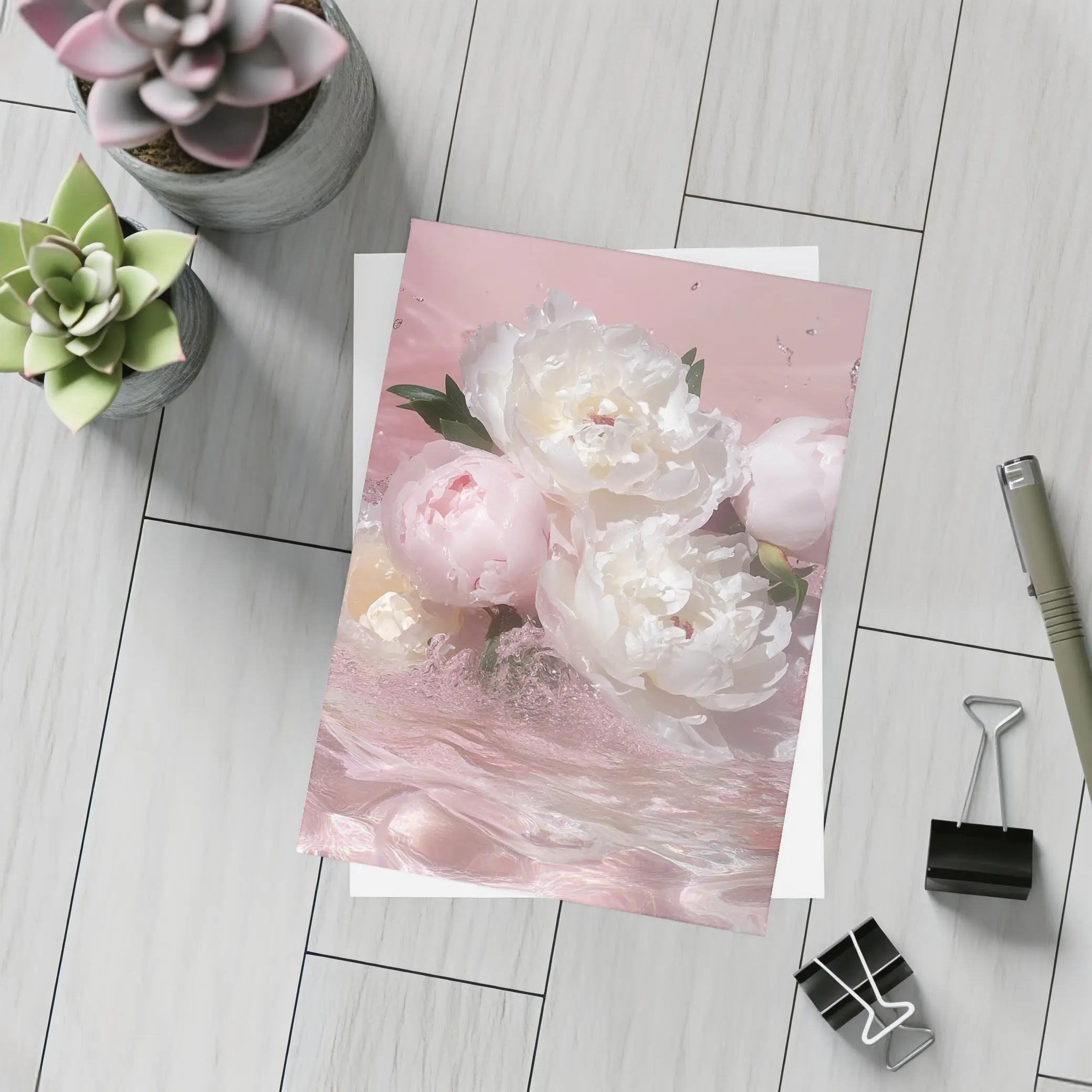 White Pink Peonies Splashing in Water – Postcards