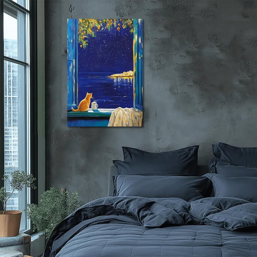 Orange Cat Starry Night Ocean Window View – Wall Art