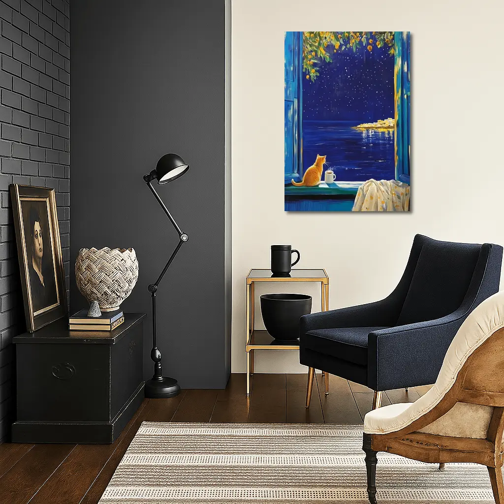 Orange Cat Starry Night Ocean Window View – Wall Art