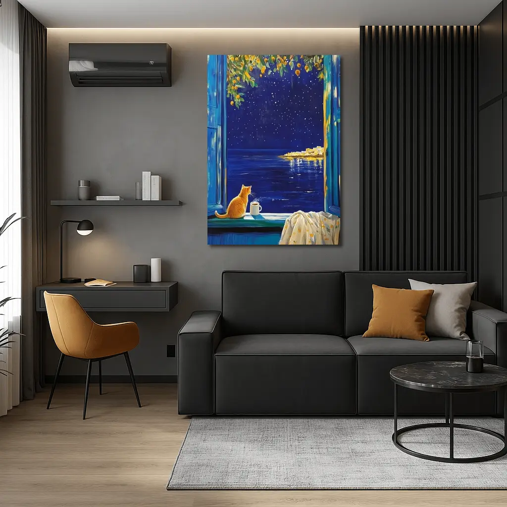 Orange Cat Starry Night Ocean Window View – Wall Art