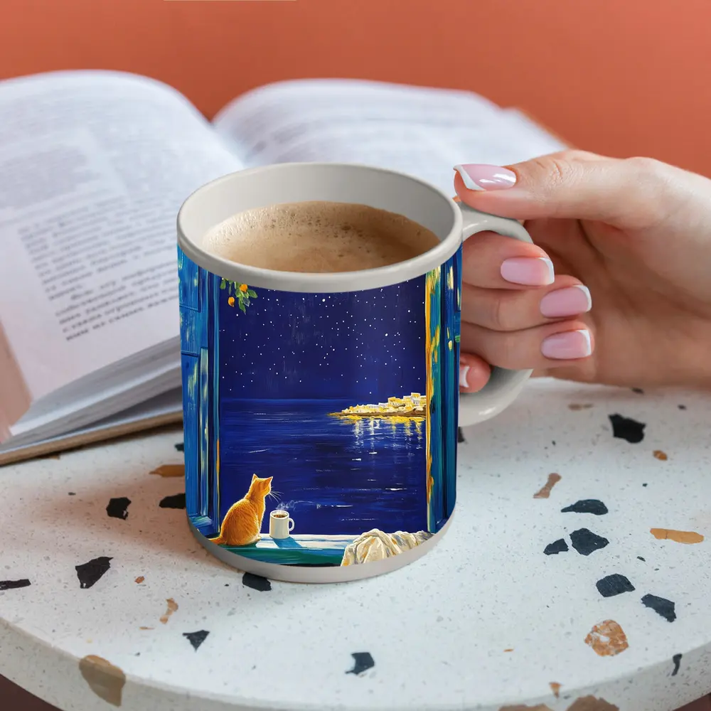 Orange Cat Starry Night Ocean Window View – Mugs