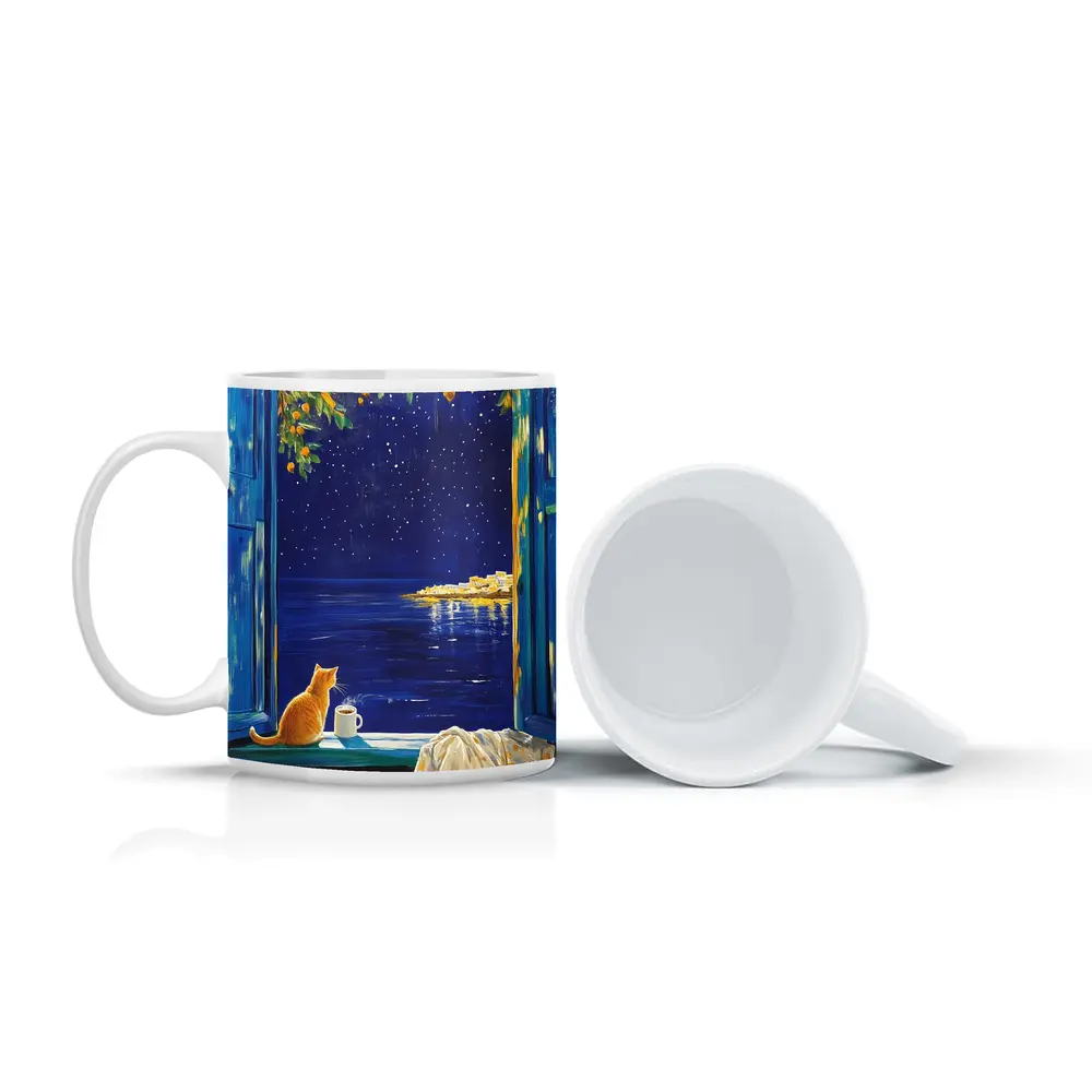 Orange Cat Starry Night Ocean Window View – Mugs