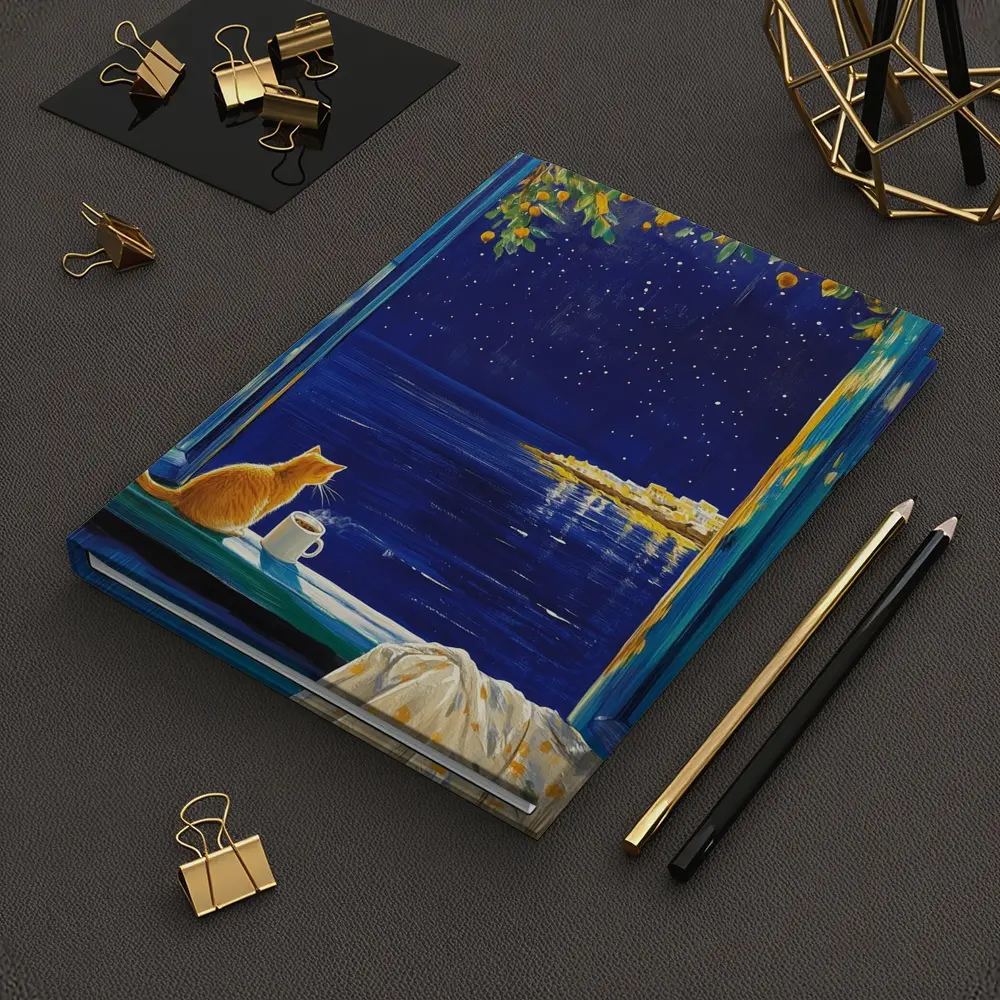 Orange Cat Starry Night Ocean Window View – Notebooks