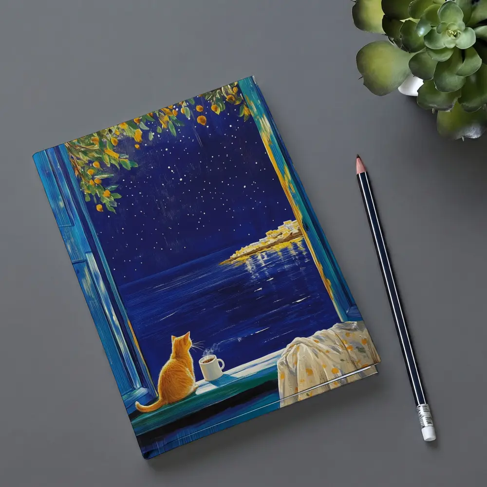 Orange Cat Starry Night Ocean Window View – Notebooks