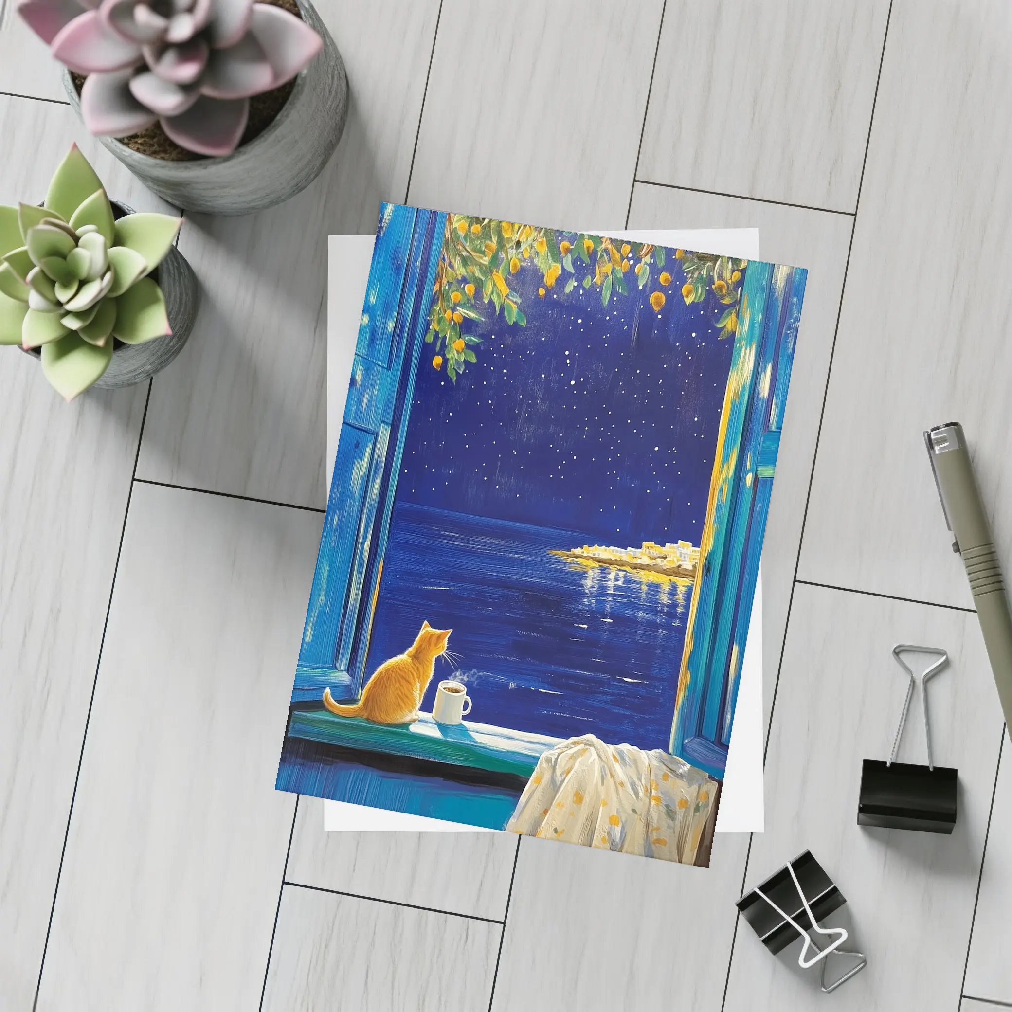 Orange Cat Starry Night Ocean Window View – Postcards