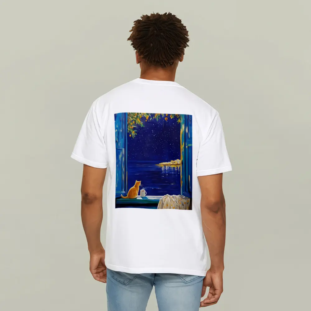 Orange Cat Starry Night Ocean Window View – T-Shirts