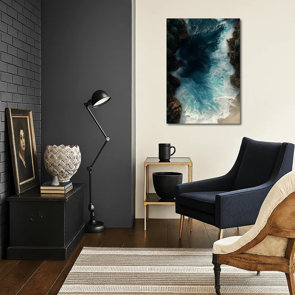Aerial Ocean Waves Crashing Rocky Coastal Shore – Wall Art