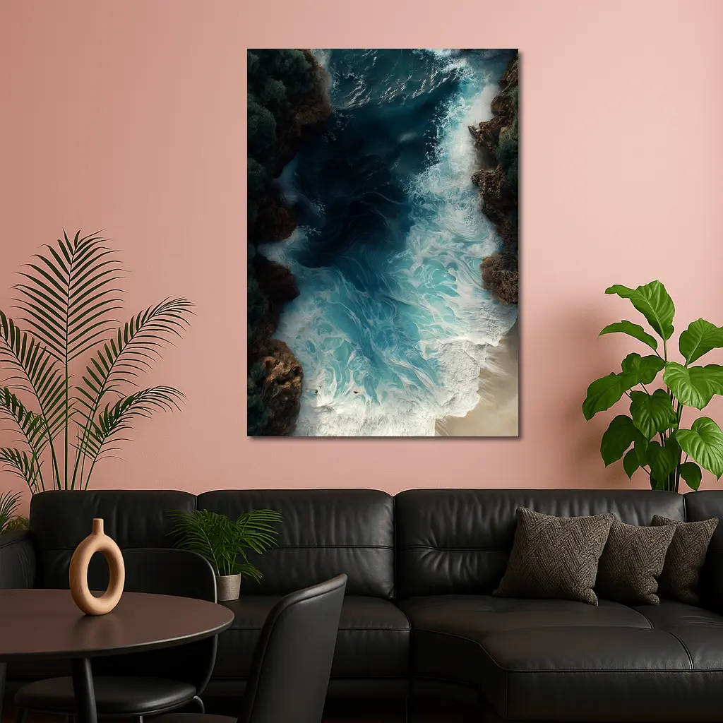 Aerial Ocean Waves Crashing Rocky Coastal Shore – Wall Art