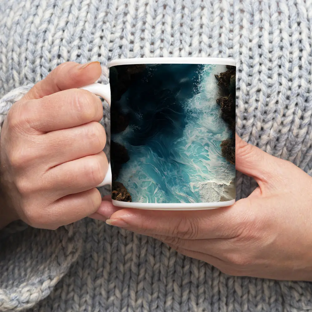 Aerial Ocean Waves Crashing Rocky Coastal Shore – Mugs