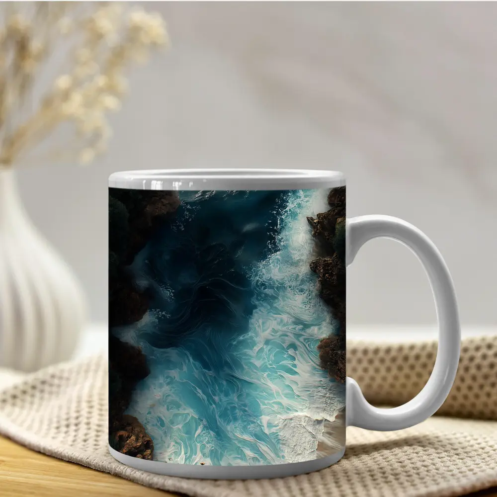 Aerial Ocean Waves Crashing Rocky Coastal Shore – Mugs