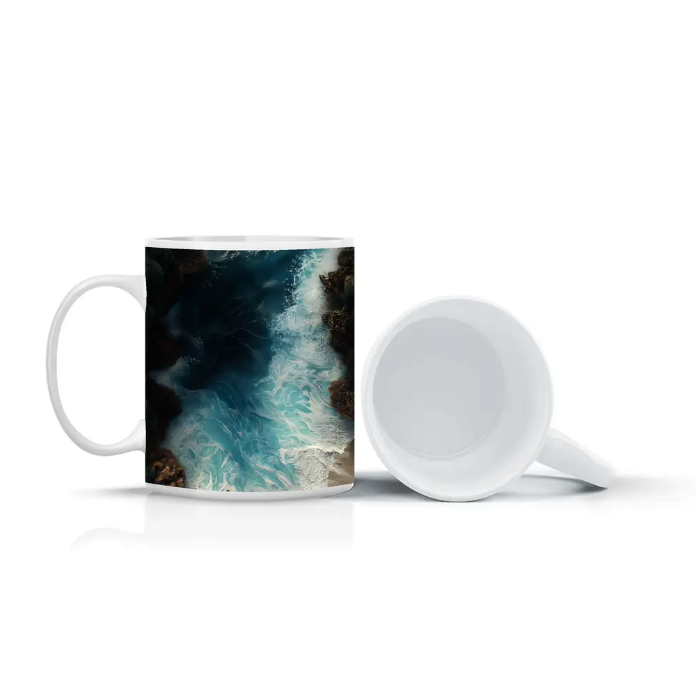 Aerial Ocean Waves Crashing Rocky Coastal Shore – Mugs
