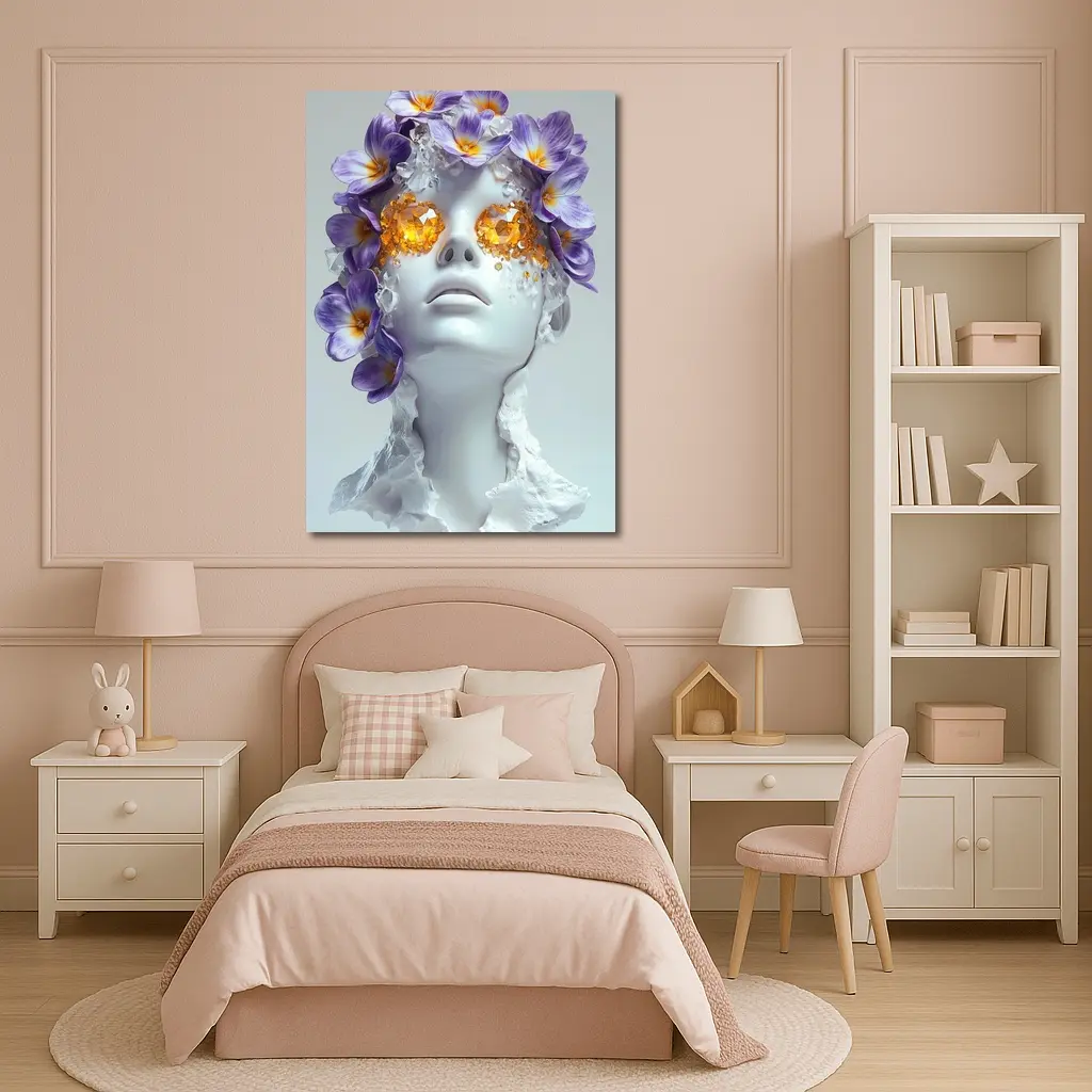 White Sculpture Face Purple Flowers Gems – Wall Art