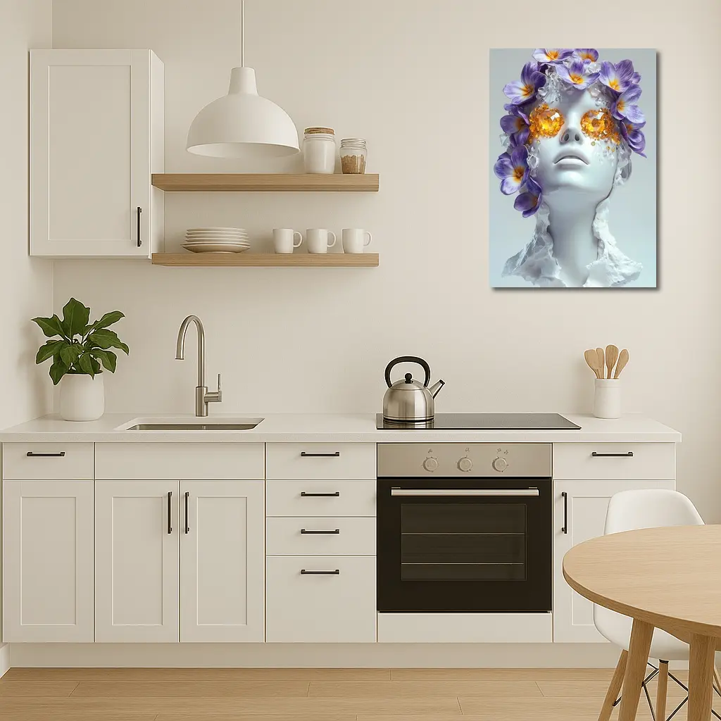 White Sculpture Face Purple Flowers Gems – Wall Art