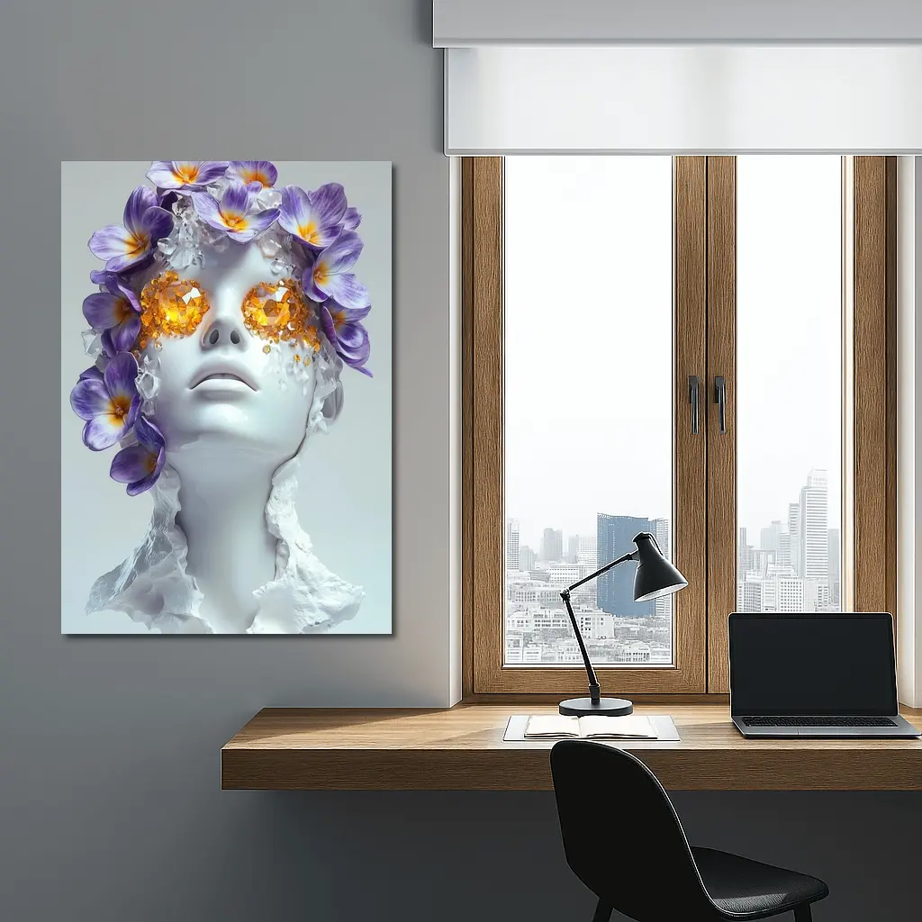 White Sculpture Face Purple Flowers Gems – Wall Art