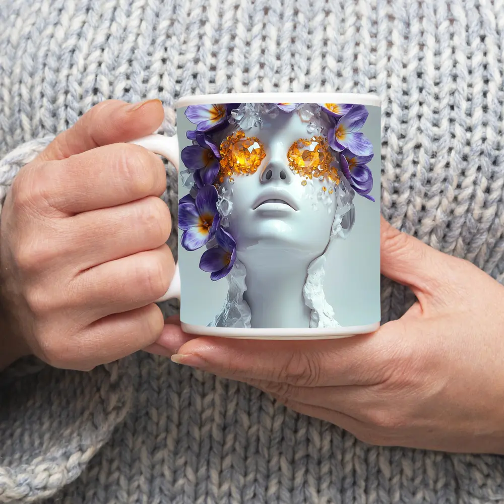 White Sculpture Face Purple Flowers Gems – Mugs