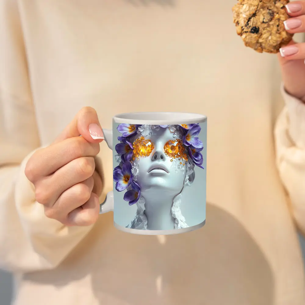 White Sculpture Face Purple Flowers Gems – Mugs