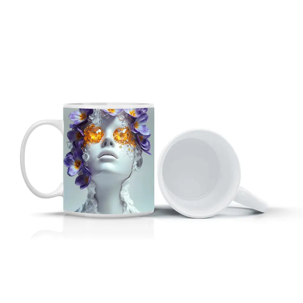 White Sculpture Face Purple Flowers Gems – Mugs