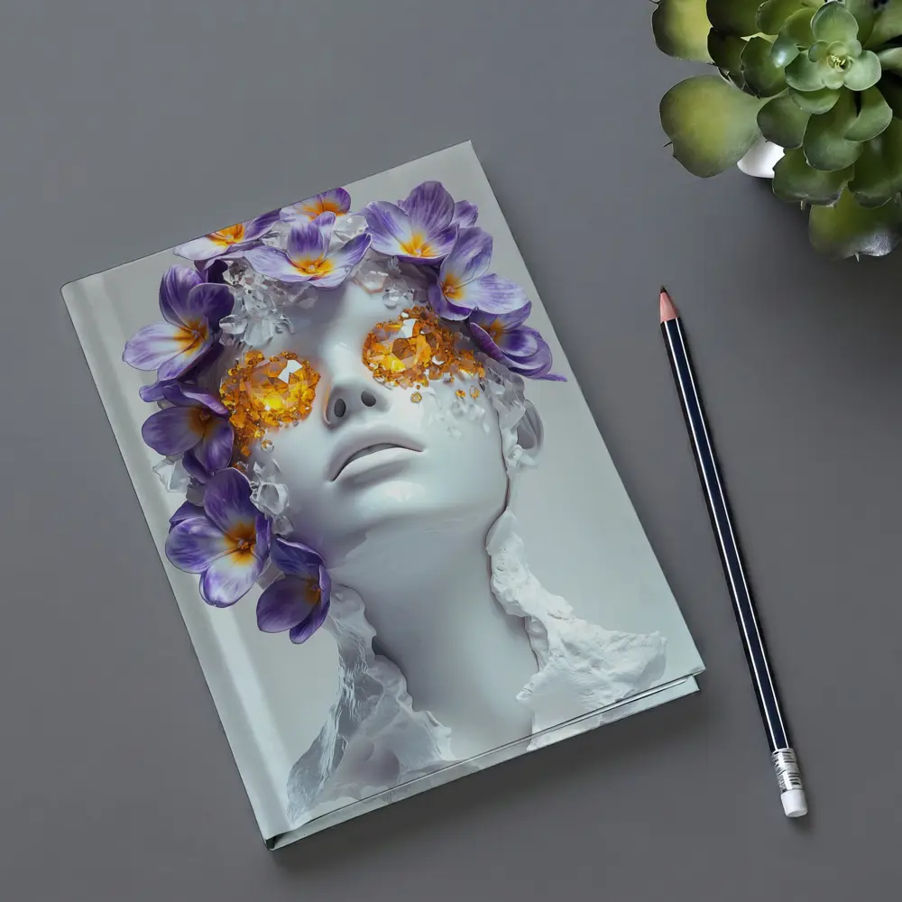White Sculpture Face Purple Flowers Gems – Notebooks