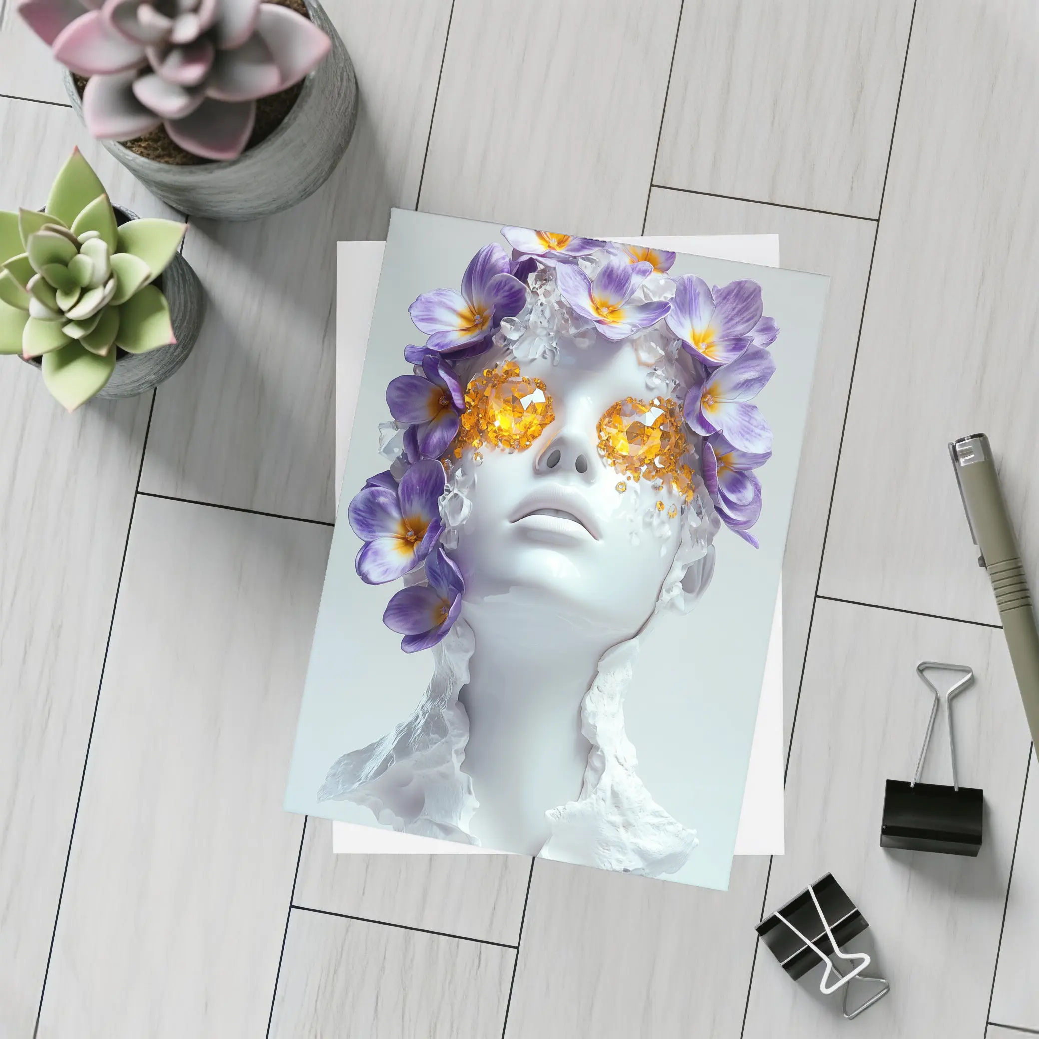 White Sculpture Face Purple Flowers Gems – Postcards