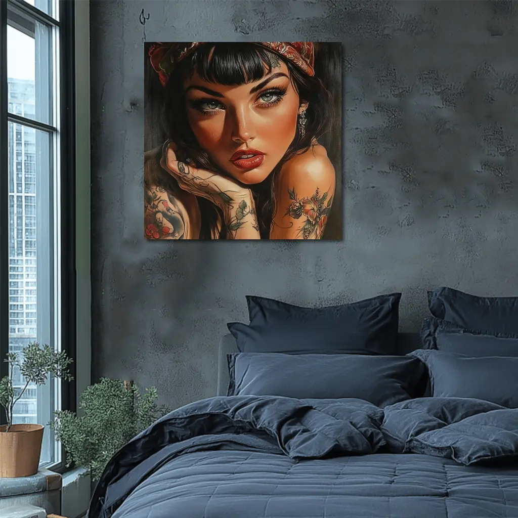 Tattooed Woman Portrait Dark Background Art – Wall Art