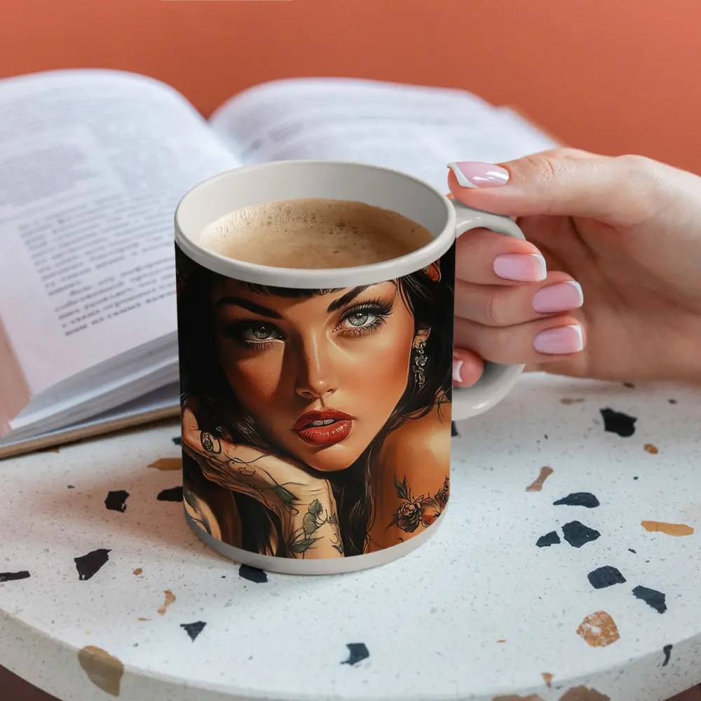 Tattooed Woman Portrait Dark Background Art – Mugs