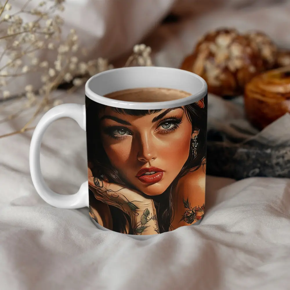 Tattooed Woman Portrait Dark Background Art – Mugs