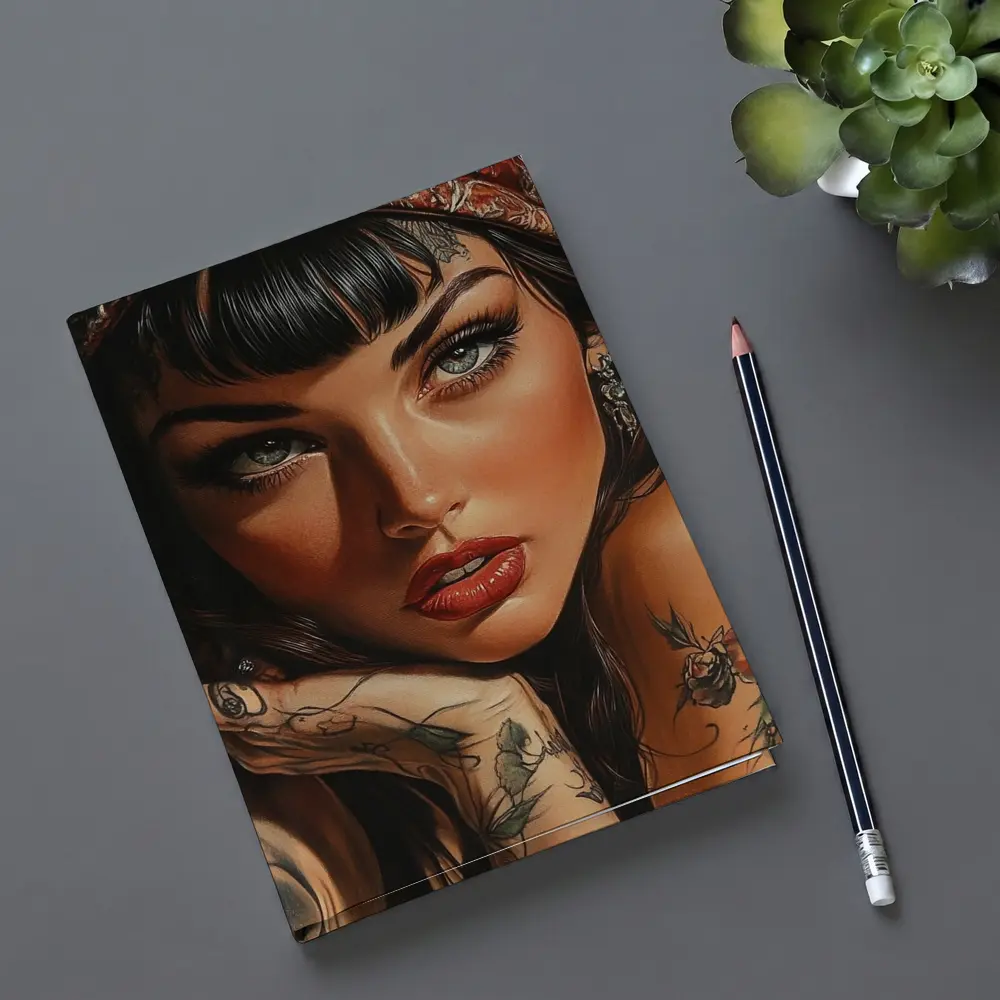 Tattooed Woman Portrait Dark Background Art – Notebooks