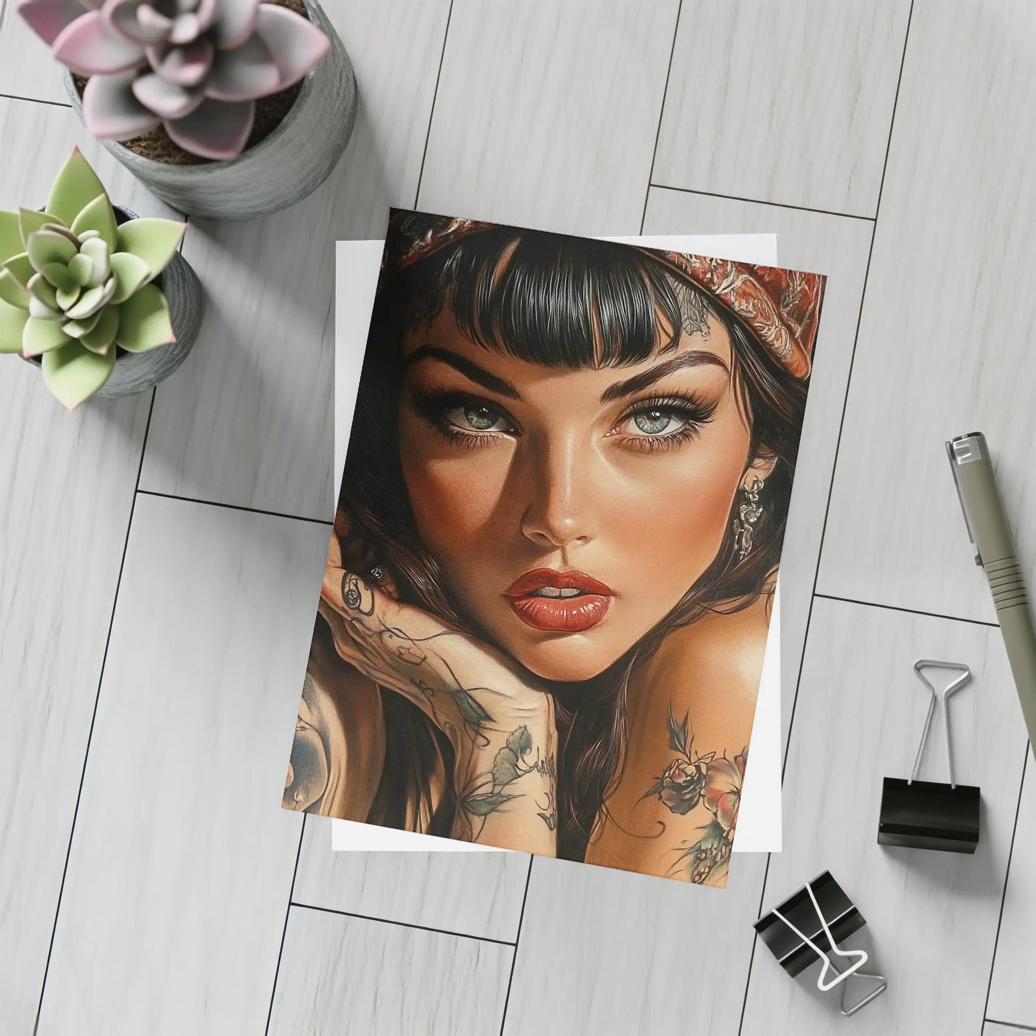 Tattooed Woman Portrait Dark Background Art – Postcards